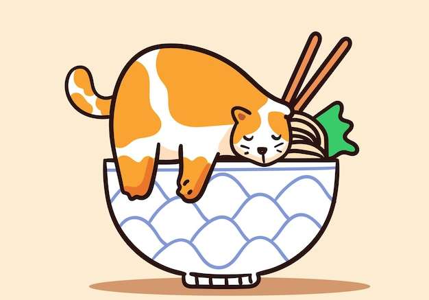 Hình vẽ vector Nhân vật mèo màu cam dễ thương ngủ trên bát mì ramen minh họa