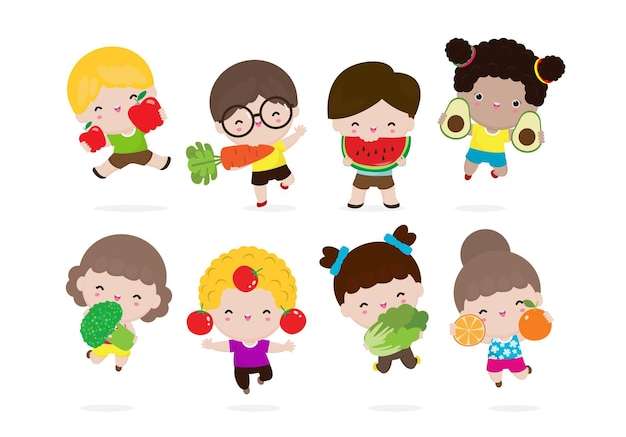 Hình vẽ vector Nhóm trẻ em vui vẻ với rau và trái cây phim hoạt hình dễ thương trẻ em ăn rau