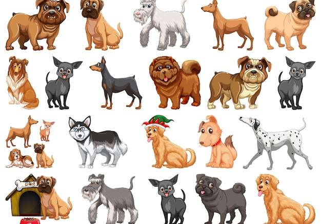 Hình vẽ vector Những chú chó ngộ nghĩnh khác nhau theo phong cách hoạt hình bị cô lập trên nền trắng