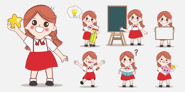 Hình vẽ vector Phim hoạt hình dễ thương cô gái vẽ nguệch ngoạc nhân vật học sinh học trong lớp ở trường tạo dáng
