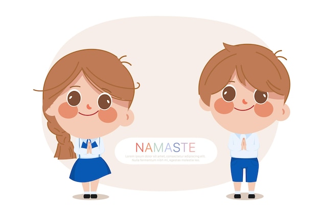 Hình vẽ vector Phim hoạt hình dễ thương học sinh Thái namaste chào trong bộ đồng phục học sinh.