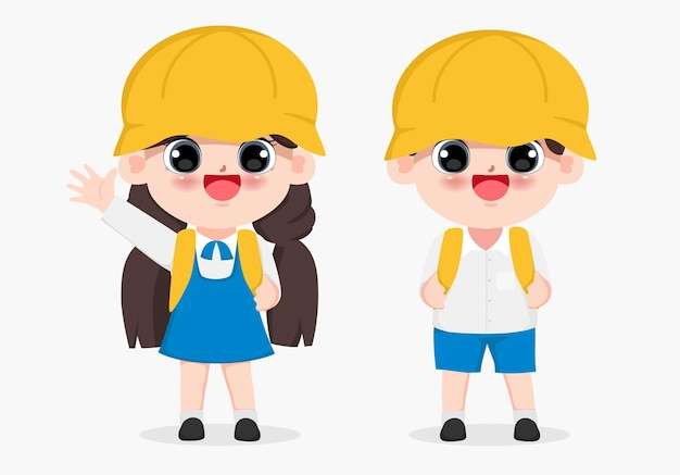 Hình vẽ vector Phim hoạt hình dễ thương trẻ em hạnh phúc trong bộ đồng phục học sinh châu Á. nhân vật người bản vẽ minh họa vector.