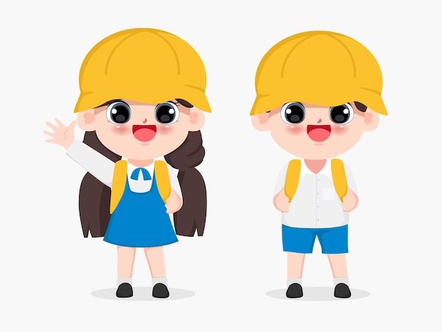 Hình vẽ vector Phim hoạt hình dễ thương trẻ em hạnh phúc trong bộ đồng phục học sinh châu Á. nhân vật người bản vẽ minh họa vector.
