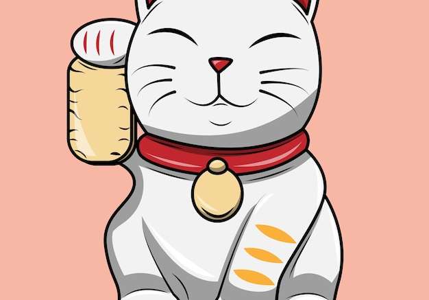 Hình vẽ vector Phim hoạt hình mèo maneki neko. minh họa véc tơ của một con mèo béo trắng với bàn chân giơ cao đang cầm một đồng tiền vàng