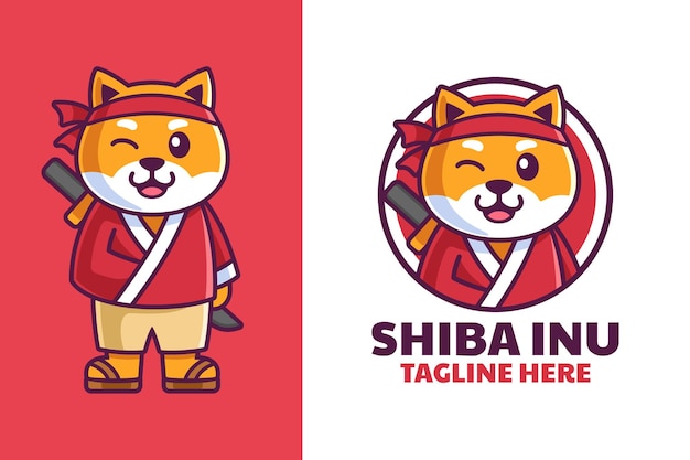 Hình vẽ vector Shiba inu trong trang phục samurai thiết kế logo hoạt hình