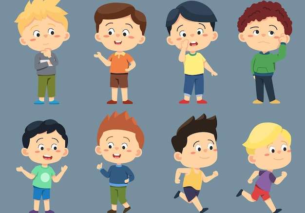 Hình vẽ vector Tập hợp các bé trai mầm non đa sắc tộc vui vẻ đứng trong các hành động khác nhau