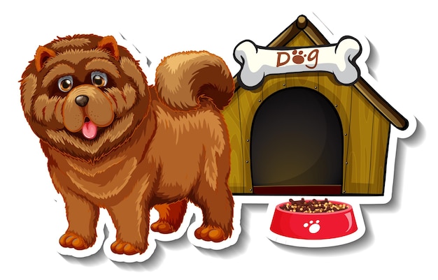 Hình vẽ vector Thiết kế sticker với chú chó chow chow đứng trước chuồng chó