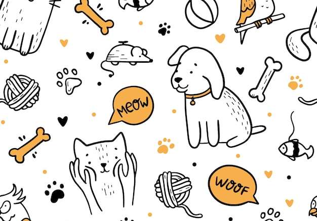 Hình vẽ vector Thú cưng mèo và chó mô hình liền mạch theo phong cách vẽ nguệch ngoạc
