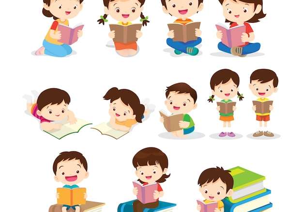 Hình vẽ vector Trẻ em đọc sách hành động khác nhau