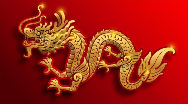 Hình vẽ vector Trung Quốc rồng biểu tượng nghệ thuật thiết kế phong cách cắt giấy trên nền màu.