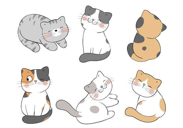 Hình vẽ vector Vẽ bộ sưu tập mèo con trên nền trắng.những tư thế khác nhau.