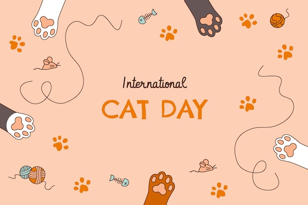 Hình vẽ vector Vẽ tay nền ngày quốc tế mèo với bàn chân mèo