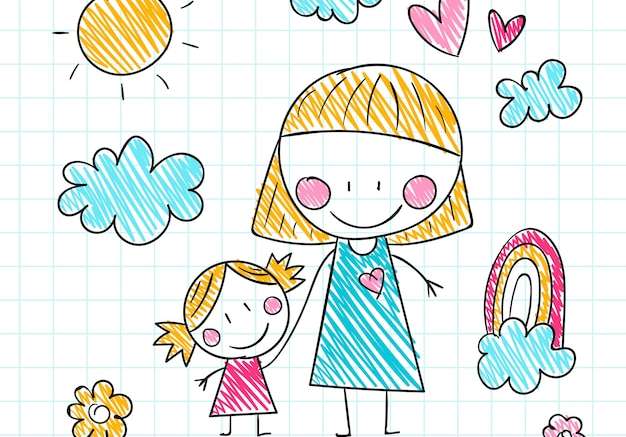 Hình vẽ vector Vẽ tay ngày của mẹ trẻ em vẽ minh họa