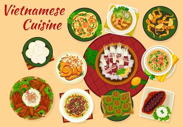 Hình vector Ẩm thực Việt Nam, các món ăn châu Á về rau, thịt