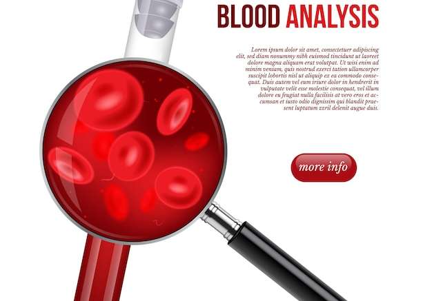 Hình vector Biểu ngữ trang web phân tích máu trong phòng thí nghiệm ống nghiệm y tế chứa đầy chất lỏng sinh học màu đỏ của con người và tế bào dưới kính lúp phóng to nhiều thiết kế thực tế và văn bản quảng cáo