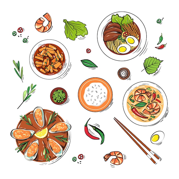 Hình vector Bộ món ăn truyền thống Hàn Quốc vẽ tay theo phong cách phác thảo