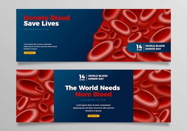 Hình vector Bộ sưu tập biểu ngữ ngang ngày hiến máu thế giới thực tế