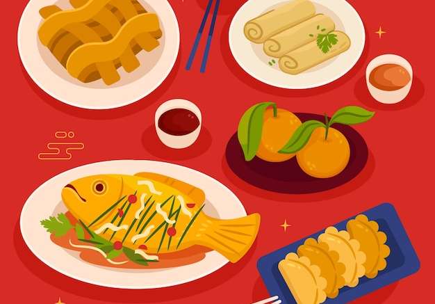Hình vector Bộ sưu tập thực phẩm năm mới phẳng của Trung Quốc