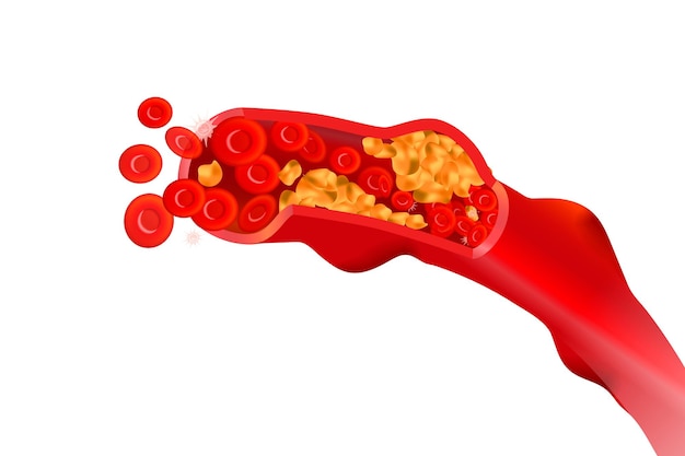 Hình vector Các động mạch không khỏe mạnh với hồng cầu đỏ minh họa khái niệm cholesterol cao bị cô lập trên nền trắng