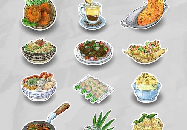 Hình vector Doodle vẽ tay gói bộ sưu tập nhãn dán thực phẩm việt nam