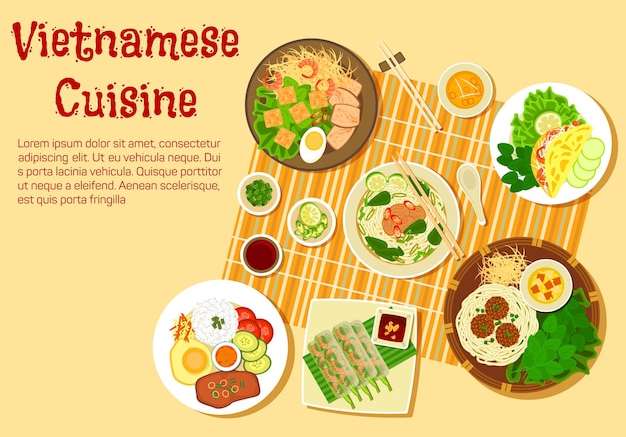 Hình vector Góc nhìn ẩm thực Việt từ trên cao bữa cơm gia đình với bún bò, bánh xèo, gỏi cuốn tôm thịt, cơm tấm với bánh hỏi, bún thịt viên