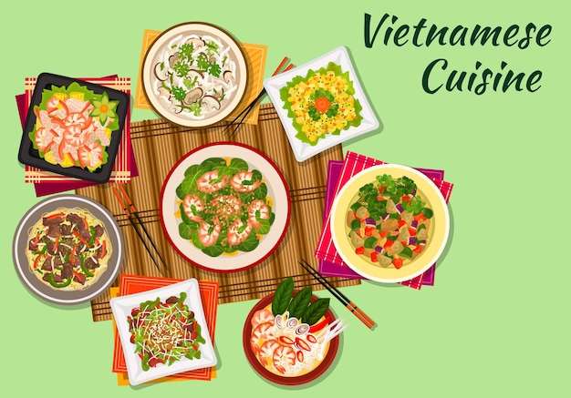 Hình vector Gỏi hải sản và súp biểu tượng ẩm thực Việt ăn kèm thịt cừu giòn, súp gà nấm đông cô, bún bò, gỏi xoài, gỏi rau muống tôm, cà tím hầm
