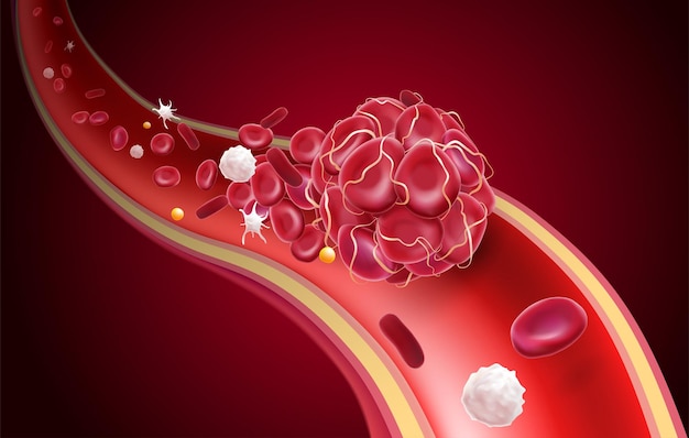Hình vector hình minh họa 3d của cục máu đông trong tĩnh mạch cho thấy dòng máu bị chặn bởi tiểu cầu.