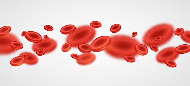 Hình vector hồng cầu chảy thực tế. tế bào hồng cầu 3d trên nền trắng. khái niệm y tế. mức độ huyết sắc tố thấp. minh họa véc tơ