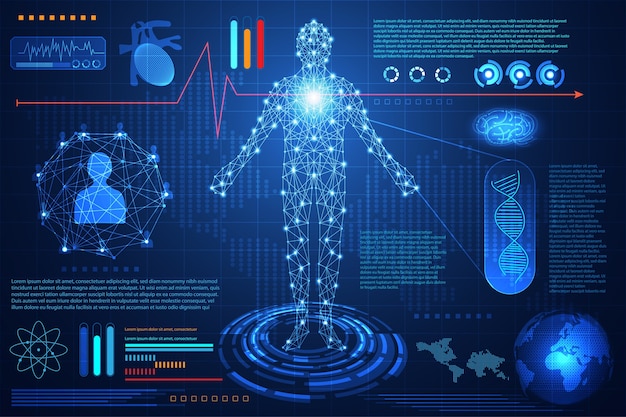 Hình vector khái niệm công nghệ trừu tượng cơ thể con người chăm sóc sức khỏe kỹ thuật số