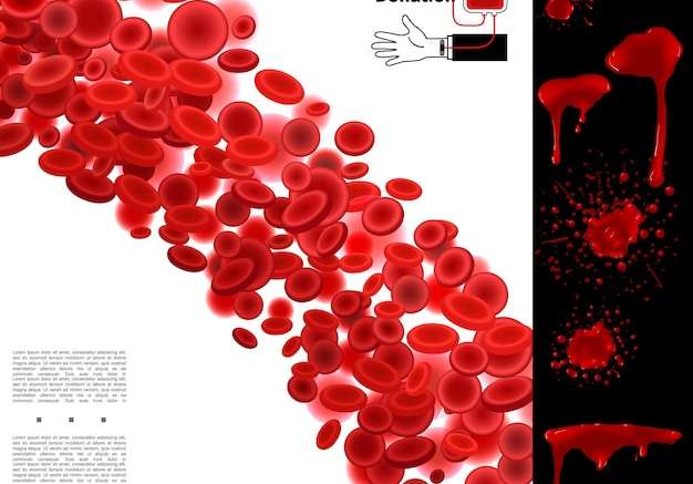 Hình vector Khái niệm đầy màu sắc chăm sóc sức khỏe thực tế với các tế bào máu bắn tung tóe và hình minh họa nhỏ giọt,