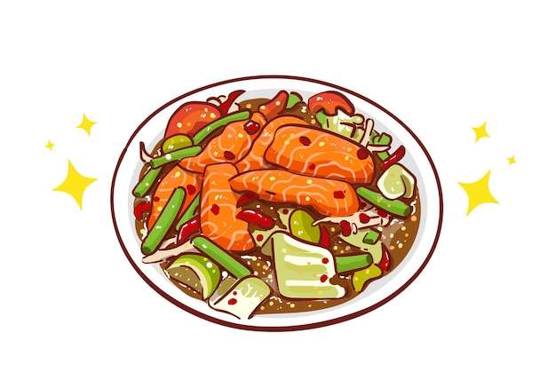 Hình vector Salad cá hồi cay thức ăn cay biểu tượng nhà hàng vẽ tay minh họa các vector