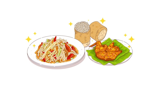 Hình vector Somtum và gà nướng và xôi đồ ăn Thái salad đu đủ cay vẽ tay minh họa phim hoạt hình