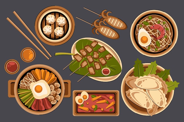 Hình vector Vẽ tay bộ sưu tập các yếu tố truyền thống thực phẩm hàn quốc