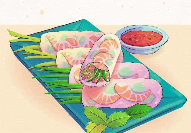 Hình vector Vẽ tay thiết kế phẳng minh họa món ăn việt nam