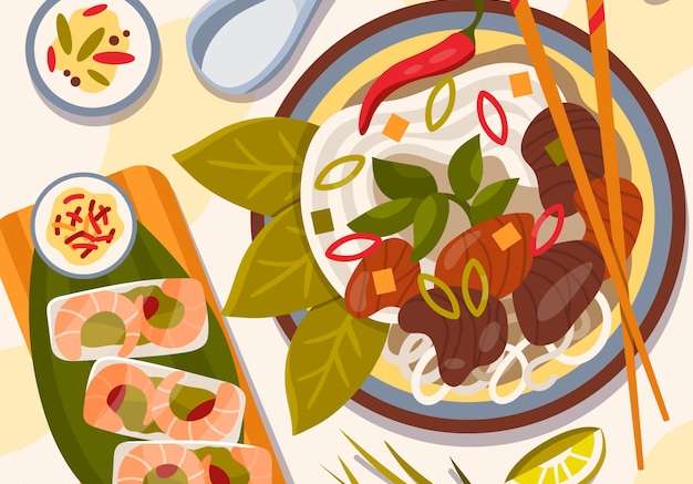 Hình vector Vẽ tay thiết kế phẳng minh họa món ăn việt nam