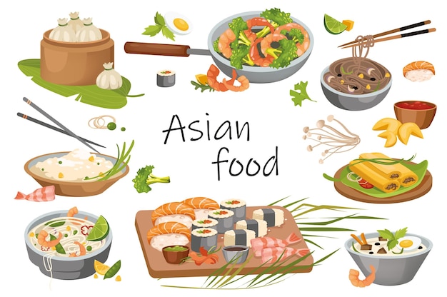 Hình vector yếu tố thực phẩm châu Á tập hợp bị cô lập. gói bánh bao, mì, cơm, súp ramen, sushi, tôm, bánh quy và các món ăn truyền thống khác và thực đơn thức ăn đường phố. minh họa vector trong thiết kế phim hoạt hình phẳng