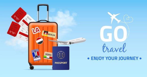 Vector Biểu ngữ du lịch túi hành lý bằng nhựa thực tế trên bánh xe hai vé hộ chiếu nước ngoài và máy bay trên nền trời xanh hành trình và áp phích chuyến đi nghỉ chuyến bay vòng quanh khái niệm thực tế vector thế giới