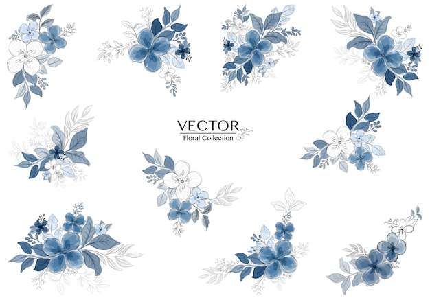 Vector Bộ cành hoa màu nước xanh đẹp