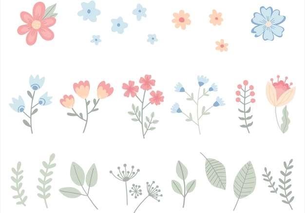 Vector Bộ dễ thương của những bông hoa đơn giản yếu tố hoạt hình trẻ con bị cô lập trên cây vườn ươm vẽ tay màu trắng lá cành cỏ minh họa vector đơn giản