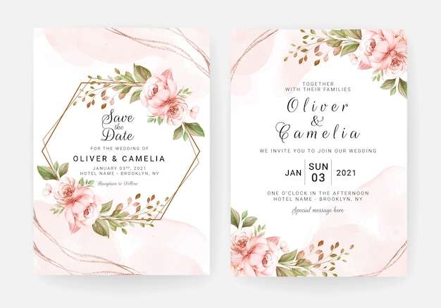 Vector Bộ mẫu thiệp cưới với trang trí hoa và lá đào khô. khái niệm thiết kế thẻ thực vật