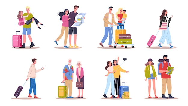 Vector Bộ minh họa của khách du lịch với hành lý và túi xách. chuyến đi gia đình, doanh nhân với một chiếc vali. bộ sưu tập các nhân vật trong chuyến hành trình, kỳ nghỉ gia đình hoặc chuyến công tác của họ