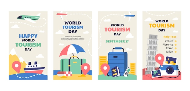 Vector Bộ sưu tập các câu chuyện instagram phẳng cho lễ kỷ niệm ngày du lịch thế giới