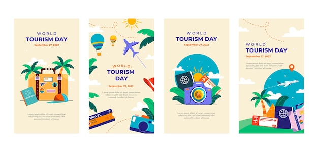 Vector Bộ sưu tập các câu chuyện instagram phẳng cho lễ kỷ niệm ngày du lịch thế giới