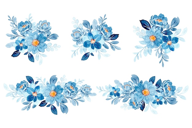Vector Bộ sưu tập cắm hoa màu xanh lam với màu nước