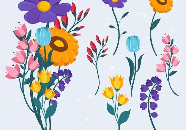 Vector bộ sưu tập hoa mùa xuân thiết kế phẳng