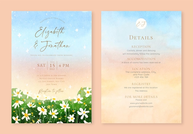 Vector Bộ thiệp mời đám cưới màu nước với hoa cúc và bầu trời hoàng hôn