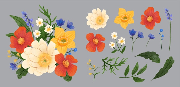 Vector Bộ thực vật lớn gồm các loài hoa dại tập hợp các bộ phận riêng biệt và tập hợp lại thành một bó hoa tuyệt đẹp theo phong cách màu nước trên nền trắng minh họa vector phẳng