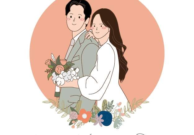 Vector Đám cưới cặp đôi khung hoa minh họa với nền trắng