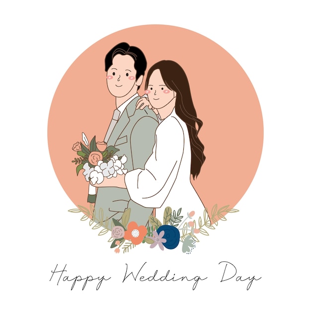 Vector Đám cưới cặp đôi khung hoa minh họa với nền trắng