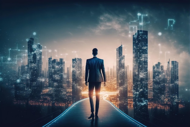 Vector Doanh nhân đi bộ trên nền tảng thực tế ảo đến thành phố thông minh tương lai